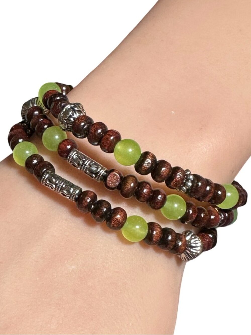Beaded Bracelet Toggle Closure Wood Beads Green Silver Tone Womens Jewelry NWOT